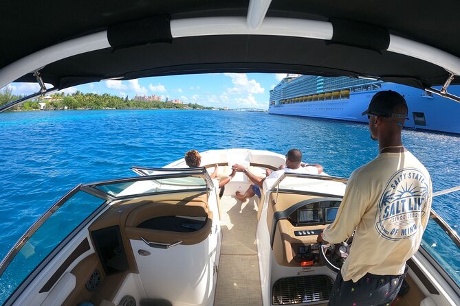 Full-Day Luxury Private Rose Island Pigs and Turtles Excursion - Leaving Bayshore Marina and crossing Nassau Harbour
